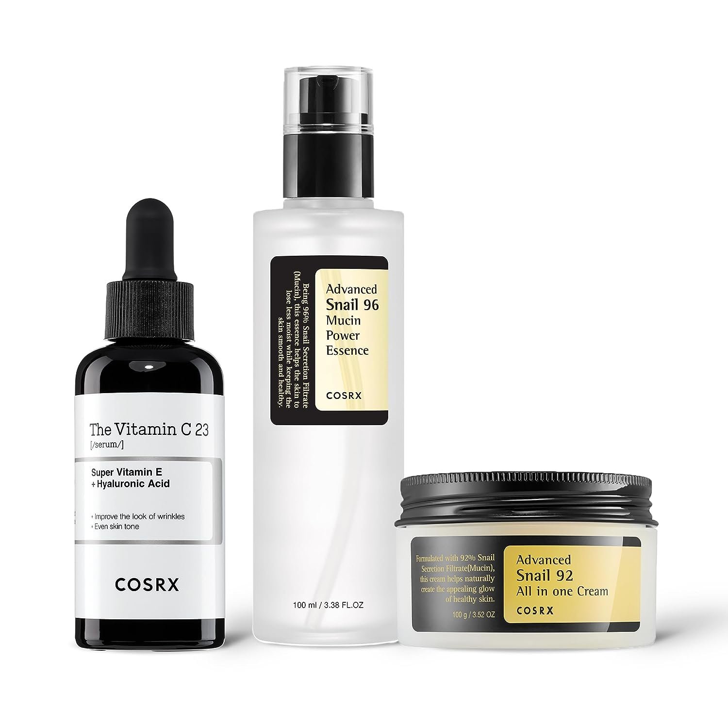 COSRX Advanced Skin Cycling Routine- Vitamin C 23% Serum + Snail 96% Mucin Essence + Snail 92% All In One Cream